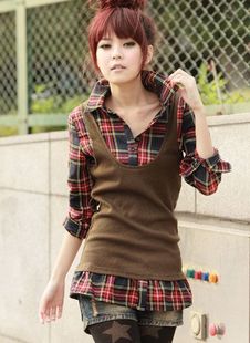 韩版女装09瑞丽新款格子马甲假两件套衬衣.jpg