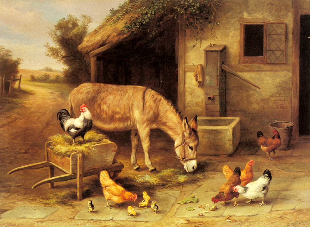 A Donkey and Chickens Outside a Stable.jpg