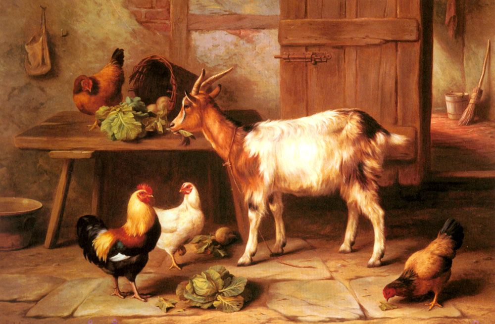 Goat and chickens feeding in a cottage interior.jpg