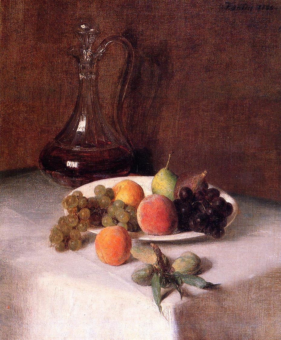 A Carafe of Wine and Plate of Fruit on a White Tablecloth.jpg